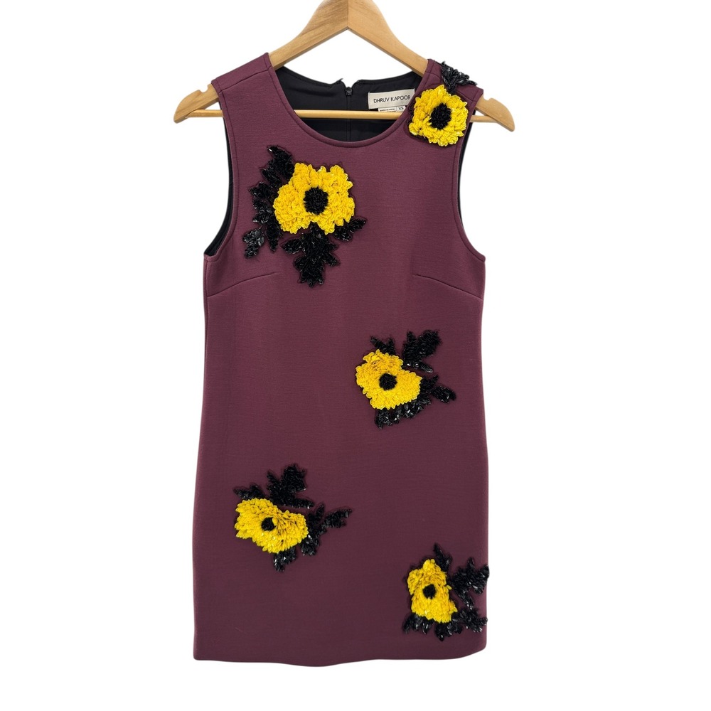 Dhruv Kapoor 3D Floral Applique‎ Mini Dress XS Burgundy Sleeveless Embellished